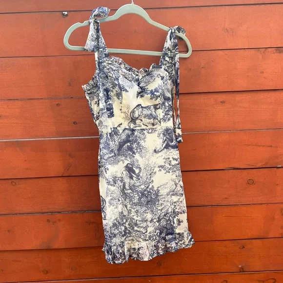 Lulus size xs Breeze the Day Blue and White Print Tie-Strap Mini Dress - Picture 6 of 9